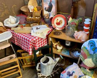 Rooster and vintage high chair 