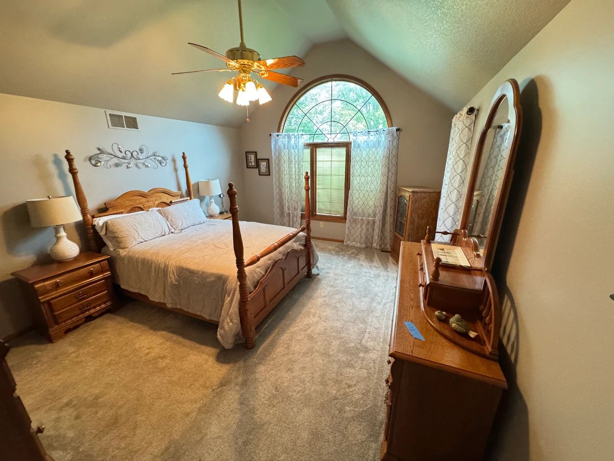 Complete matching bedroom suite, including bed, dresser, mirror, chest of drawers, and nightstands