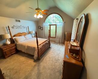 Complete matching bedroom suite, including bed, dresser, mirror, chest of drawers, and nightstands