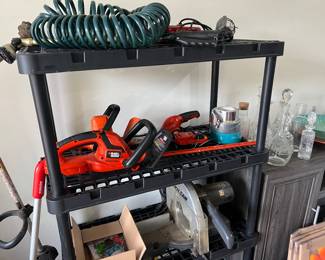 Assorted Black and Decker Lawn Tools, Miter Saw, Water Hose and Trouble Light
