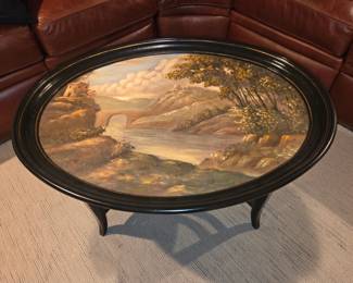 Oval tray-top coffee table, hand painted design