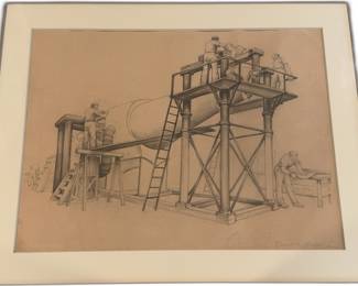1923 Daniel Celentano Signed Original WPAEra Industrial Drawing Professionally Framed