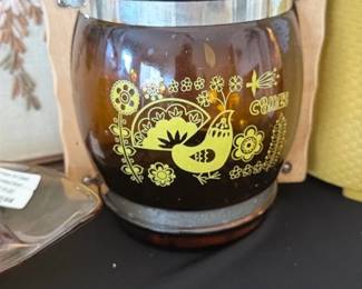 Amber Glass Cookie Jar with Bird Motif