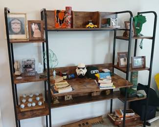 black metal frame and stained wood desk and shelving unit apx 80" w