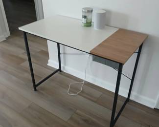 black metal frame white laminate, light walnut table desk