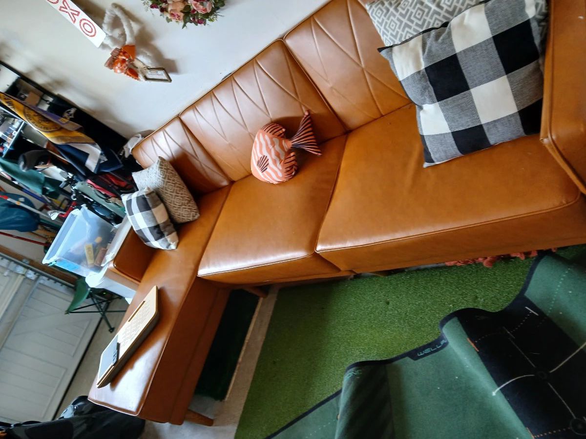 mid century naugahyde camel colored sofa sectional