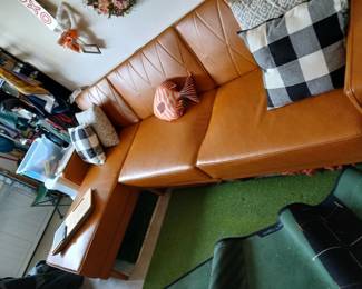 mid century naugahyde camel colored sofa sectional