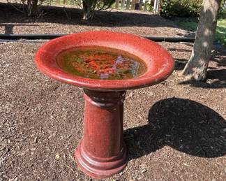 Red Glazed Ceramic Pedestal Bird Bath