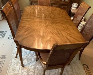 Vintage Drexel Heritage Dining Set with Cane Back Chairs and Starburst Veneer Table