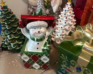 Lighted Ceramic Snowman in Gift Box Figurine
