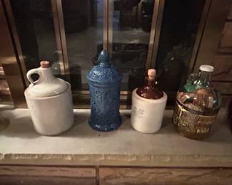 Collection of Four Decorative Vessels Stoneware Jugs and Glass Jug