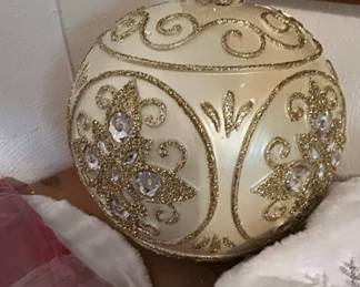 Oversized Decorative Christmas Bauble, Cream and Gold with Jewels