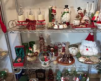Assorted Vintage and Contemporary Christmas Collectibles and Wire Shelving Unit