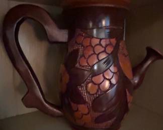 Vintage HandCarved Wooden Pitcher with Grape Motif and Mugs