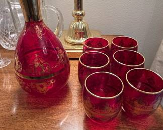 Vintage Ruby Red Glass Decanter and Cordial Glasses with Gold Gilded Decoration