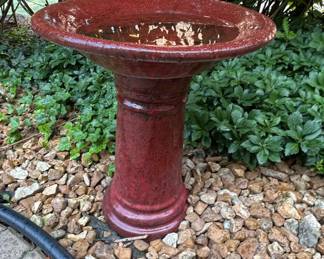 Red Glazed Ceramic Pedestal Bird Bath B