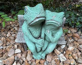 Vintage Cast Stone Frog Couple on Bench Garden Statue