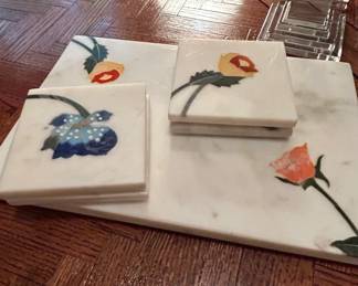 Handcrafted White Marble Floral Inlay Coaster Set with Tray