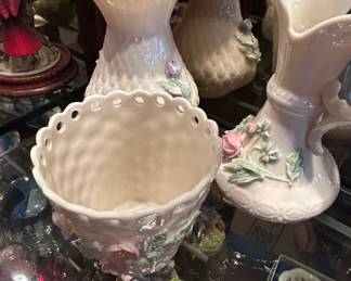 Belleek Porcelain Vases with Applied Floral Decor
