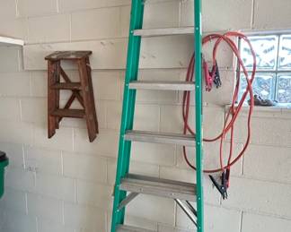 Werner Foot Fiberglass Step Ladder and Vintage Wooden Step Stool