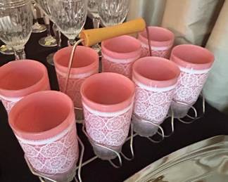 Hazel Atlas Monticello Pink Glass Tumblers with Metal Caddy