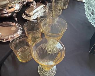 Hazel Atlas Florentine Poppy Yellow Depression Glass Stemware and SilverPlated Serving Collection