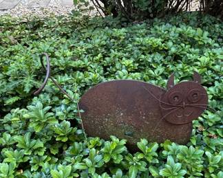 Rusty Metal Cat Garden Stake with Wire Tail and Whiskers