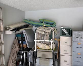 Lawn chairs, umbrella, file cabinets