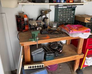 Work bench, tools, building supplies