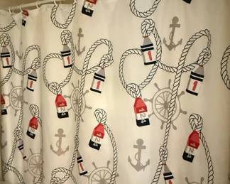 Nautical Theme Lobster Buoy Shower Curtain with Rope, Anchors, and Ship Wheels