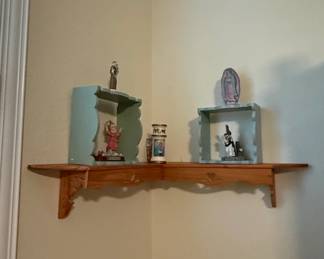 Vintage Wooden Corner Wall Shelf with Painted Cubbies