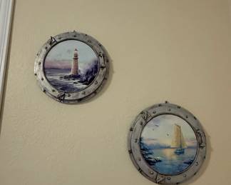 Nautical Porthole Wall Art Set Lighthouse Sailboat Thomas Kinkade Style