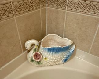 Vintage Ceramic Swan Planter with Applied Rose and Blue Wings