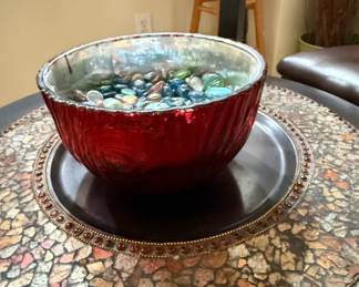 Decorative Red Mercury Glass Bowl and Mosaic Beaded Tray Set