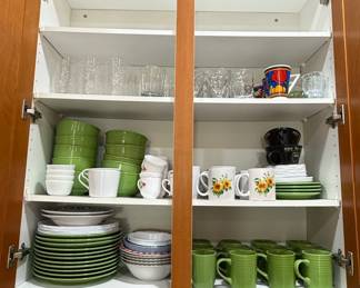 Assorted Ceramic Kitchenware Collection with Sunflower Mugs and Green Dinnerware