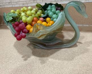 Vintage HandBlown Glass Swan Bowl in Swirled Greens and Browns