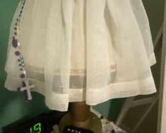 Vintage White Sheer Fabric Table Lamp with Rosary Accent