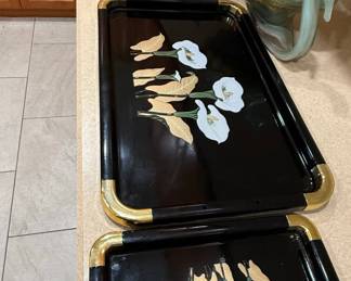 Vintage Japanese Lacquer Serving Trays with Iris Motif