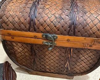 Vintage Woven Bamboo DomeTop Storage Trunk with Brass Latch