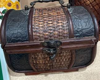 Vintage Woven Rattan and Embossed Faux Leather BarrelTop Treasure Chest