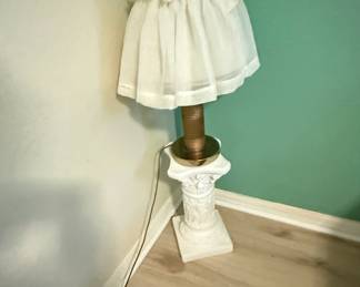 Neoclassical White Plaster Column Table Lamp with Ruffled Shade