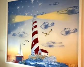 Large Nautical Lighthouse and Sailboat Oil Painting