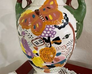 HandPainted Folk Art Ceramic Urn Vase with Butterfly Motif