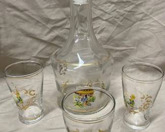4 pc. Decanter & Glasses w/Asian Scene