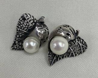 Silver Tone Sarah Conventry Leaf Earrings w/Faux Pearl