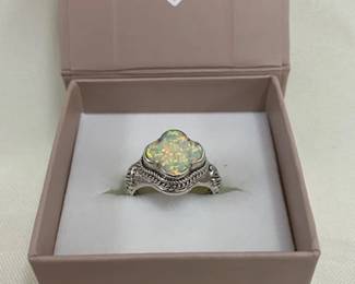 Sterling Clover Shaped Lab White Opal Ring 