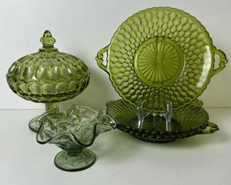 137 lotofgreenpressedglassdishes