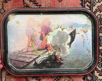 407 vintagemetaltraywithlakedockscene