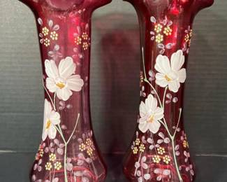 265 pairofhandpaintedcranberryglassvas