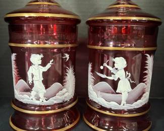 261 pairbohemianrubyglassliddedjarshan